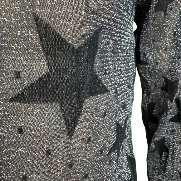 New Haoduoyi Black Stars Tie Front Shimmery Silver Long Sleeves Blouse Size S - Picture 3 of 9